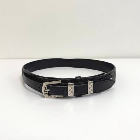 Christian DIOR Vintage Black Leather Belt Silver Logo Buckle Western Slim 80
